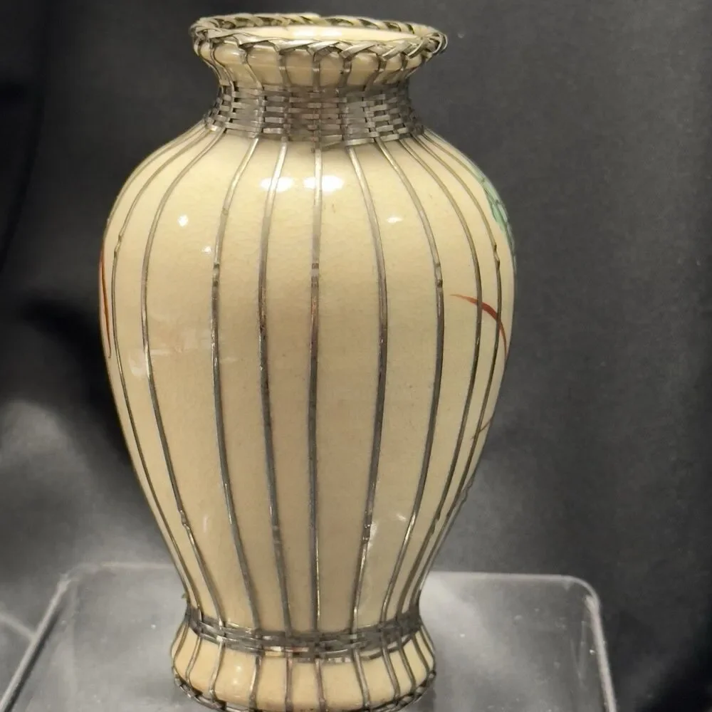 Japanese Meiji period Awaji Vase w/silver basket weave overlay pottery floral de